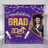 Aperturee - Aperturee Purple Gold Congrats Grad Custom Photo Name Backdrop